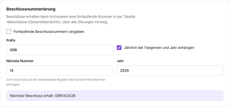 Einstellungen für Beschlussnummerierung und Freigabe in MINU-AI