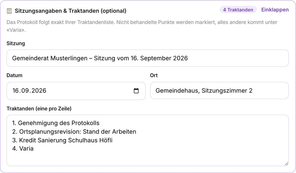 Sitzungsangaben und Traktandenliste als Eingabe vor der Sitzung in MINU-AI