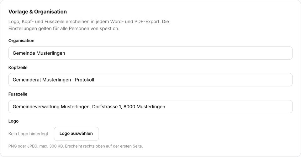 Einstellungen für Vorlage und Organisation: Logo, Kopfzeile und Fusszeile in MINU-AI